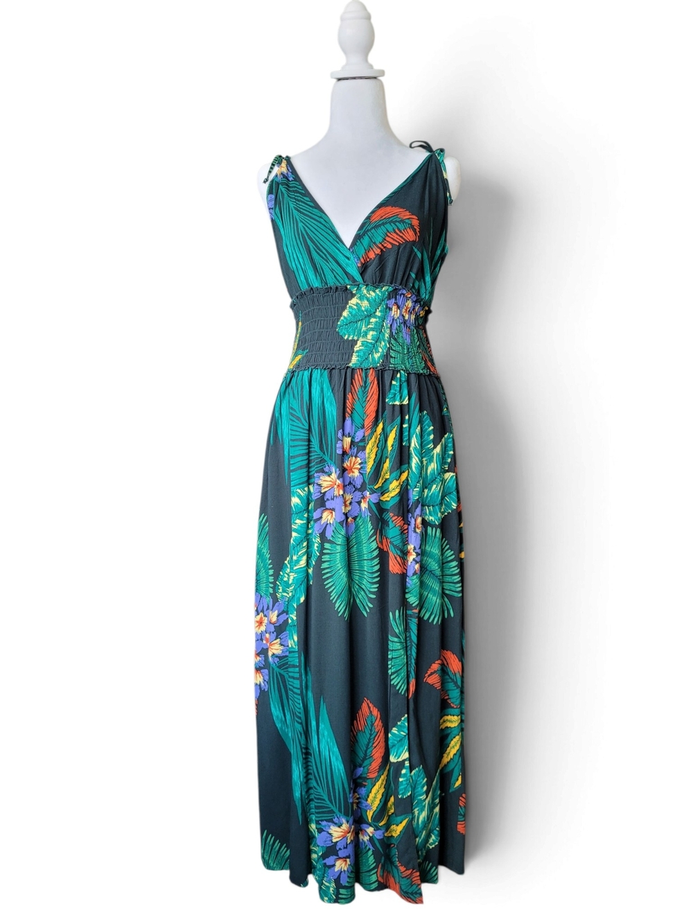 Patrons of Peace Tropical Floral Maxi Dress Smocked Waist Slit Skirt Green M